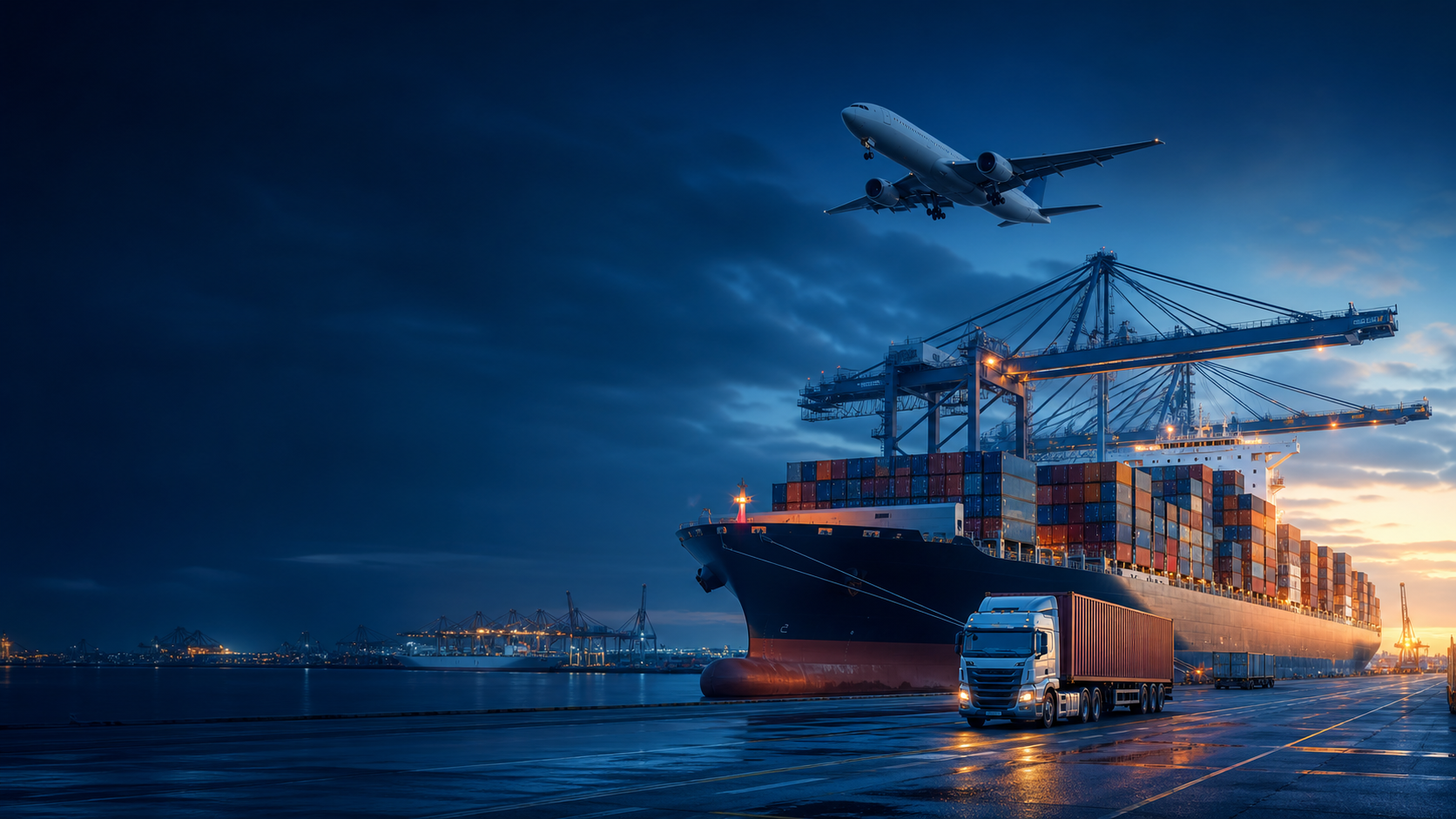 Global cargo aircraft, container ship and truck at an international port