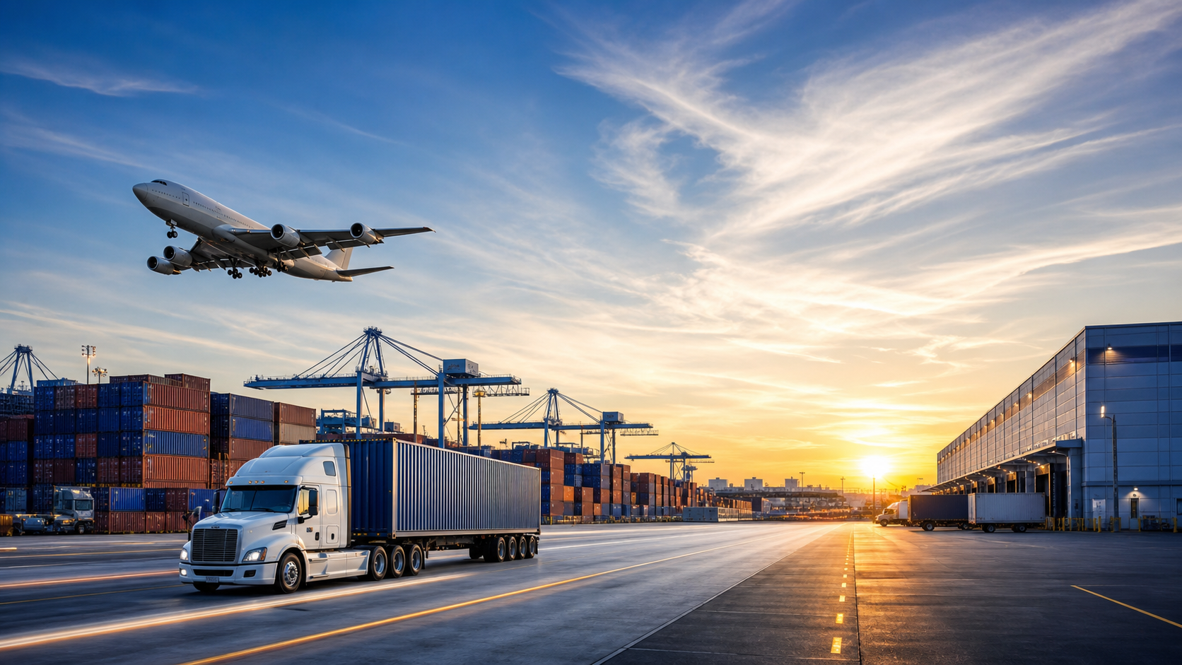 Cargo aircraft, truck and container terminal at a United States logistics gateway